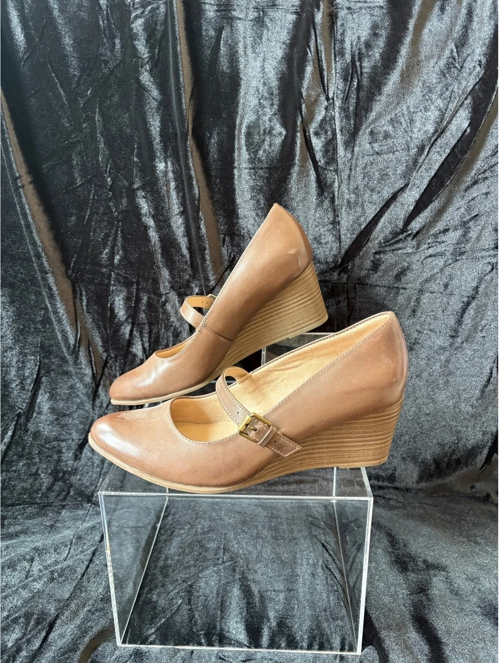 Women's Brown Leather Mary Jane Wedge Heels by Soul with Adjustable Strap